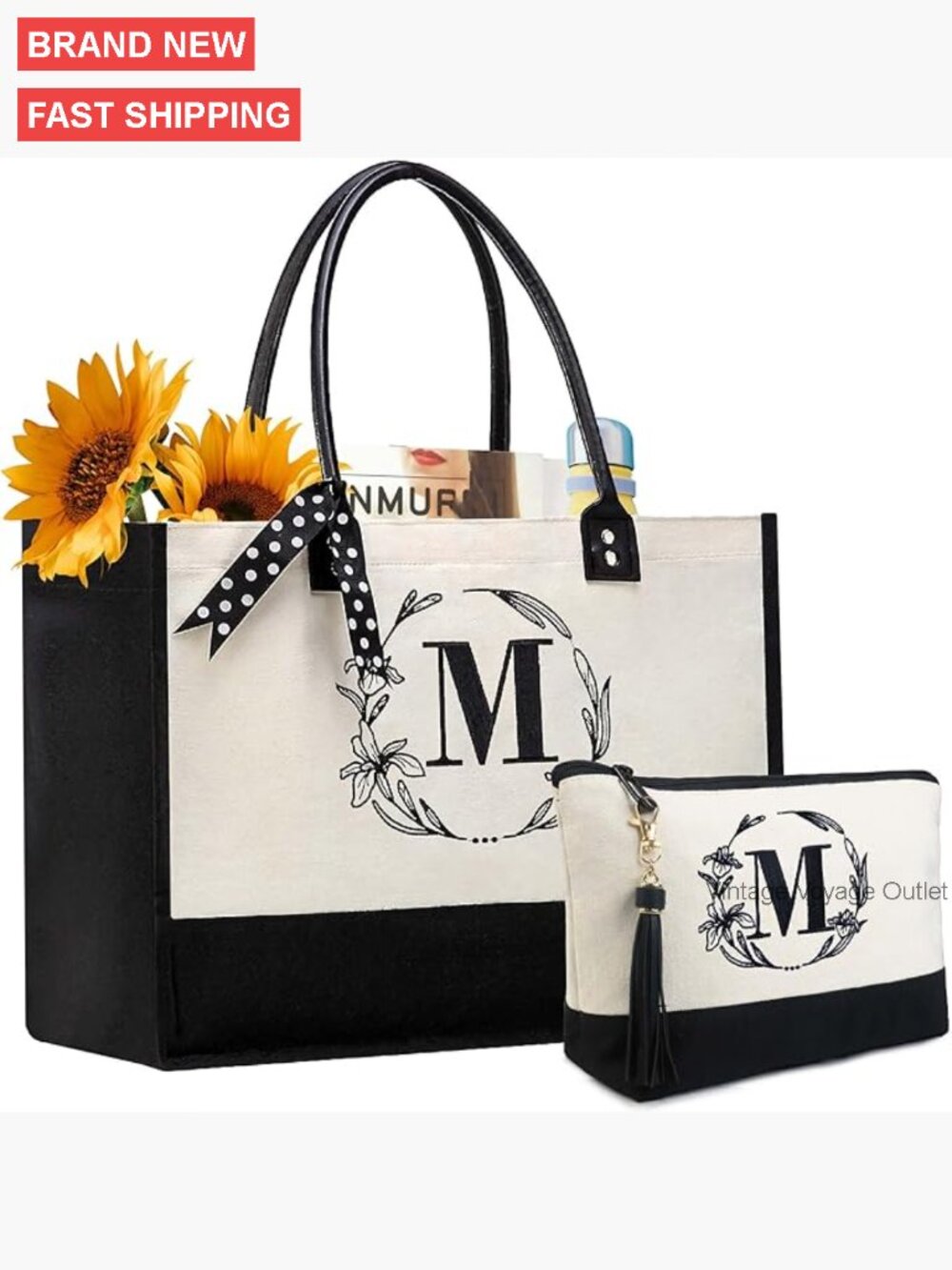 Large Canvas Tote Bag with Leather Handles, Personalized Embroidery, Zipper